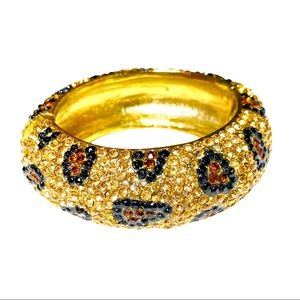 Leopard Rhinestone Crystal Clamper Bracelet Heavy Gold Toned Bling Animal Print